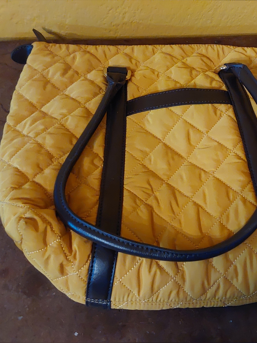 Talbots Quilted Yellow Tote with Leather Handles